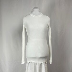 Elegant White Ribbed Knit Top Fitted Stretch Lightweight Long Pullover Juniors M
